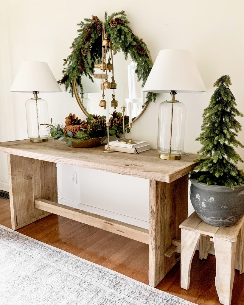 Neutral and gold Christmas entryway table 