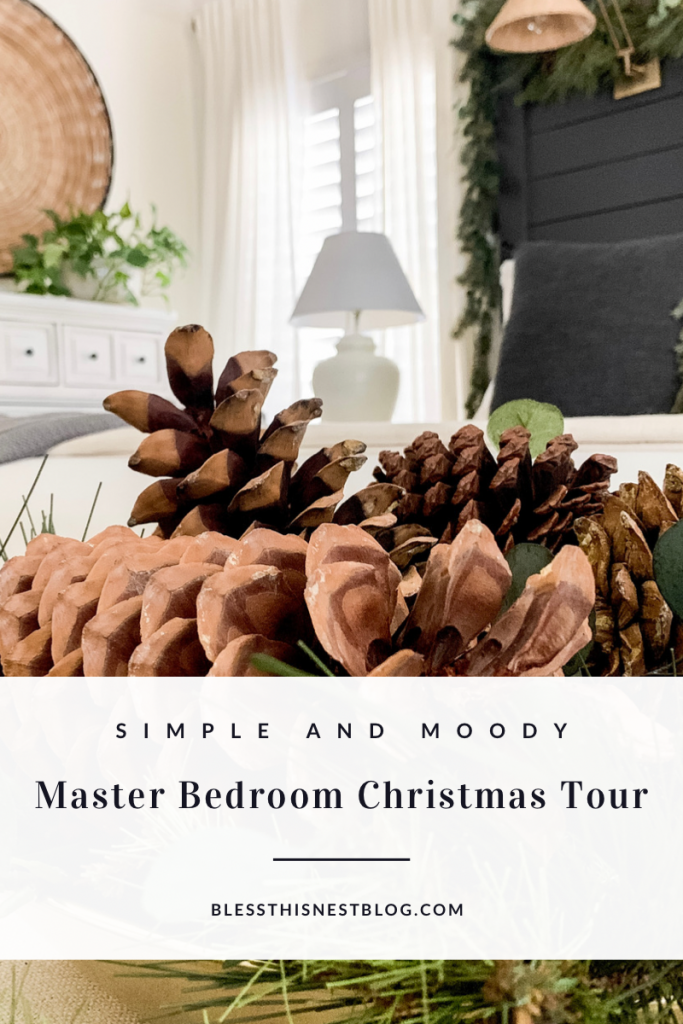 simple and moody master bedroom Christmas tour blog banner